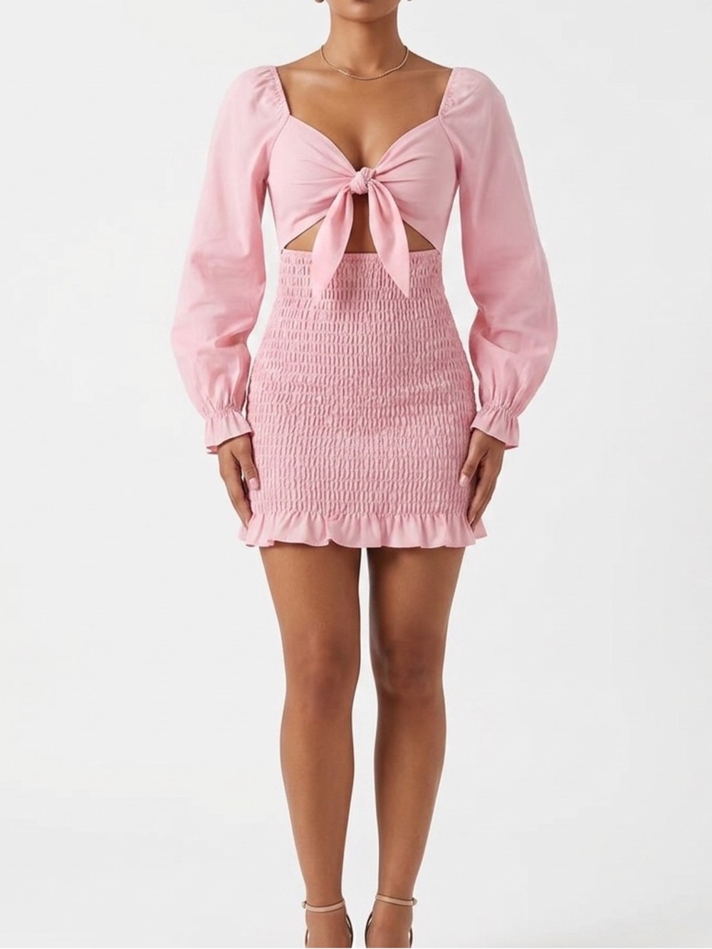 SHEIN Pink Smocked Tie-Front Long Sleeve Tunic